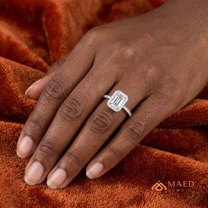 Moissanite Halo <b>Emerald</b> Cut <b>Ring</b> for Women <b>Silver</b> Tone Engagement Wedding Anniversary Luxury Jewelry Elegant Daily Wear - Product Image 3