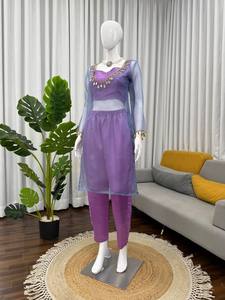 ชุดเสื้อผ้าอินเดียปากีสถานสีม่วง เสื้อครอปปักลายตาข่าย กางเกงยางยืด ชุดสำหรับงานเทศกาล - Product Image 6