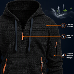 Unisex Solid Half Zip <b>Hoodie</b> with Pocket Eco-Friendly Breathable Knitted Fabric Sporty Regular Fit Autumn Wear - Product Image 6