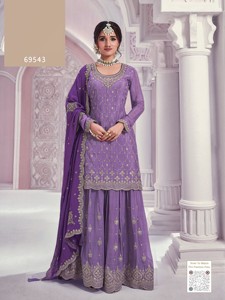 Traje Gharara Moderno Semisellado con Bordado de Lentejuelas Chinon para Bodas y Fiestas de Diwali - Product Image 3