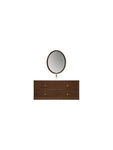 Commode en bois massif au design moderne du milieu du siècle, avec poignées en laiton et miroir ovale, meuble de rangement pour salle de bain - Product Image 1