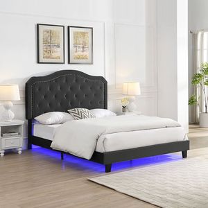 Letto con Piattaforma Illuminata a LED in Velluto Nero, Design Curvo Trapuntato, Facile Montaggio con Robusto Supporto a Doghe in Legno - Product Image 1