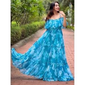 ชุดเดรสยาวสีน้ำเงินแบบเปิดไหล่สำหรับผู้หญิง  ทรงเอ  ตกแต่งระบายช่วงคอ  วัสดุเป็นมิตรต่อสิ่งแวดล้อม  เหมาะสำหรับงานปาร์ตี้ฤดูร้อน - Product Image 3