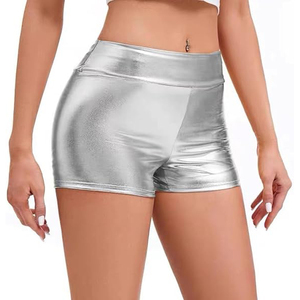 Shorts métalliques argentés taille haute pour femme, en satin extensible, style club sexy - Product Image 2