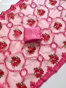 Beautiful Top Quality Net with Embroidery work-Fancy Border Saree with Banglori Silk Blouse Set Collection Saree <b>Love</b> - Product Image 5