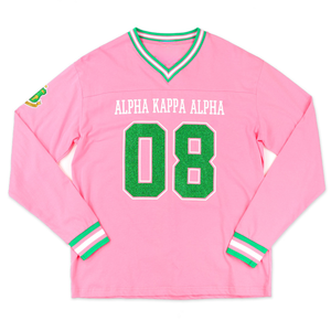 AKA 1908 Pink Long Sleeve Jersey Women Chenille Embroidery Greek Sorority Apparel Football Style Shirt Premium Fit - Product Image 1