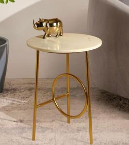 Modern Round <b>Marble</b> Top Side <b>Table</b> With Brass Geometric Base Indoor Living Room Decor - Product Image 1