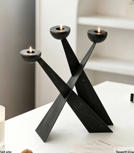Premium <b>Black</b> Metal Triple Candle <b>Holder</b> Stand Modern Geometric Taper <b>Candlestick</b> Decorative Tabletop Home Dining Decor Elegance - Product Image 1