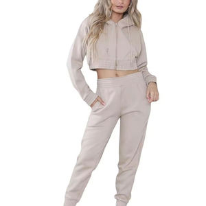 <b>Women's</b> <b>Beige</b> Cropped Zip Hoodie <b>Jogger</b> Pants Set Casual Two Piece Eco-Friendly 100% Cotton Tracksuit Loungewear Custom Private - Product Image 2