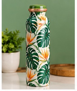 Ethnic Printed White Floral Navy Blue <b>Copper</b> <b>Water</b> <b>Bottle</b> with <b>Copper</b> Lid Eco Friendly Travel Drinkware - Product Image 2