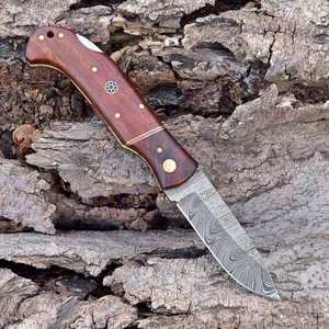 Hand Forged Damascus Steel <b>Folding</b> Blade <b>Knife</b> Rosewood Handle Leather Sheath Pocket EDC Hunting Camping <b>Knife</b> - Product Image 2