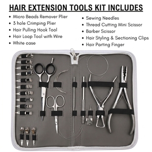 Kit d'outils pour extensions capillaires : Pince à micro-anneaux, Aiguille à crocheter, Pince à séparer les mèches, Pinces de sectionnement bec de canard, Ciseaux de barbier - Product Image 2