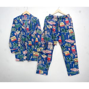 Ensemble de pyjama esthétique pour femmes, en coton, manches longues, vêtements d'été, robes décontractées, ensemble de pyjama imprimé floral fait main - Product Image 1