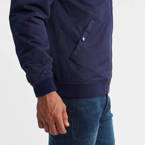 Men's Navy Blue Bomber Jacket Solid Color Stand Collar Zipper Closure Casual Autumn Wear Regular Fit Polyester Material - Product Image 4