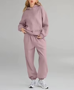 Conjunto de chándal largo de algodón polar grueso con capucha para mujer, estilo hip hop, ecológico, informal, liso, con cordón, para invierno - Product Image 3