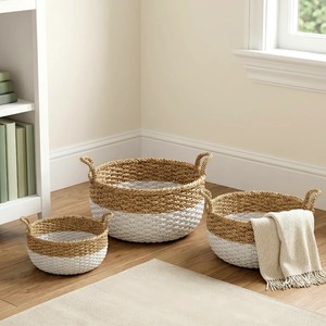 Ensemble de 3 paniers ronds en jonc de mer, blancs et naturels, faits à la main, paniers de rangement, vente en gros, écologiques, fabriqués au Vietnam - Product Image 2