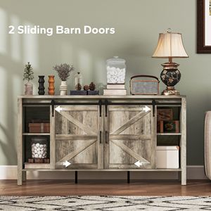 59\" Gray Wash Farmhouse Buffet Cabinet <b>Sideboard</b> with Thick Top 2 Barn Doors 4 Drawers 2 Adjustable Shelves for Villa Dining - Product Image 5