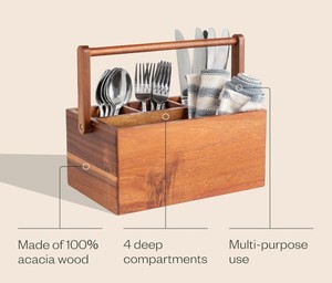 Acacia Wood Utensil <b>Caddy</b> with Handle Compartment Flatware Cutlery Holder For <b>Kitchen</b> Counter Picnic Party Supply Wholesale - Product Image 2