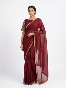 Sari de poliéster color granate con bordado dorado en el borde, para bodas, ocasiones especiales, estilo tradicional indio-pakistaní, estilo Bollywood, largo hasta el suelo. - Product Image 4
