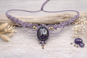 Handmade Green Macrame Necklace with Purple Amethyst Gemstone Oval Pendant Boho Bohemian Adjustable Wax Cord Braided Healing - Product Image 4