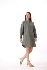 Robe longue décontractée en coton pour femme, coupe ample, manches longues, couleur unie, col en V, boutons décoratifs, teinte unie - Product Image 4