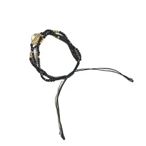 Citrine naturelle avec perles de spinelle noires, bracelet multicouche avec fermeture à la main tressée, noeud, bijoux fins pour femmes