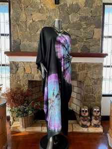 Robe caftan Shibori Tie Dye noir turquoise, art portable, maxi bohème - Product Image 5