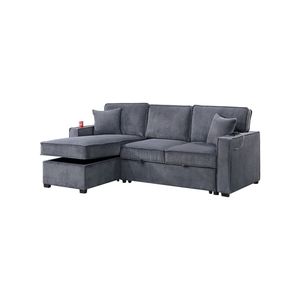 Divano Letto Sezionale Convertibile Grigio Scuro con Chaise Longue Reversibile in Corduroy, Contenitore e Letto Estraibile, 2 Cuscini, Arredamento Soggiorno - Product Image 5