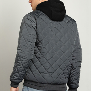 <b>Men's</b> Quilted Hooded Bomber <b>Jacket</b> Windproof Casual Solid Color Polyester Wadding Zipper Closure Autumn Wear - Product Image 2