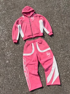 Conjunto Deportivo de Dos Piezas Rosa, Transpirable, de Forro Polar, con Sudadera con Cierre y Pantalones Largos, Logotipo Personalizado, Ropa Deportiva de Invierno - Product Image 1
