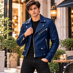 Herren Echtleder Motorradjacke Bikerjacke Slim Fit Moto-Jacke mit Reißverschluss Mehrere Taschen - Product Image 3