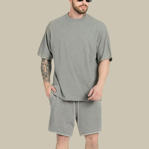 Men's Casual Black T-Shirt And Shorts <b>Set</b> <b>Knitted</b> Solid Color Summer Outfit Drop Shoulder Short Sleeve Drawstring Pants - Product Image 3