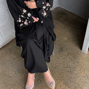 Black Polyester Abaya <b>Women</b> Premium Modest Islamic <b>Dress</b> Elegant <b>Arabic</b> Dubai Style Open Front Floor Length Long Robe Pearl - Product Image 5