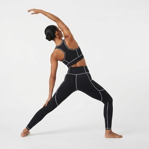 Women Black <b>White</b> Contrast Yoga <b>Set</b> Sports Bra High Waist Pocket Leggings <b>Gym</b> Fitness Workout Activewear <b>Set</b> - Product Image 4