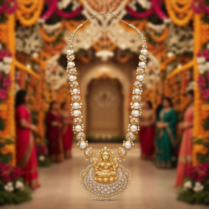 24-Inch Handcrafted Nagas Style Long Haram Necklace Set-Luxury Bridal Jewelry with Zircon & Pearl Gold Plated - Product Image 3