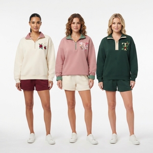 <b>Women's</b> Christmas <b>Quarter</b> <b>Zip</b> <b>Sweatshirt</b> and Shorts Set Holiday Embroidered 2 Piece Lounge Outfit - Product Image 2