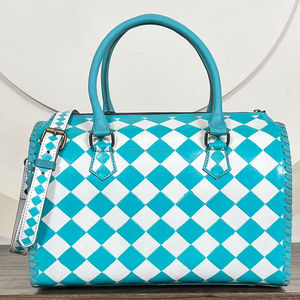 2026 Hand Tooled Cowhide Leather Speedy Bag With Turquoise Concho Checkered Pattern Crossbody Handbags Stylish Travel Duffel Bag - Product Image 5