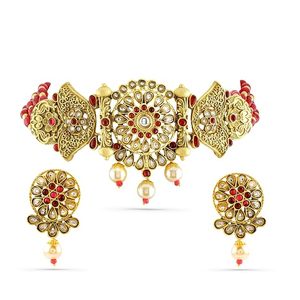 Conjunto de Collar y Pendientes de Aleación de Latón Chapado en Oro con Circonitas y Perlas, Joyería Étnica para Mujer, Diseño Floral para Bodas - Product Image 1