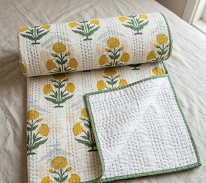 TheFabira Indian Handcrafted Traditional <b>Neutral</b> Floral Print 100% Cotton Kantha Quilt Eco-Friendly Reversible All-Season 60x90 - Product Image 1