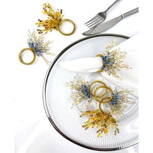 Anneaux de serviette en métal glamour avec accents de cristal bleu doré, forme circulaire, largeur 4,5 cm, accessoire de décoration de table de mariage - Product Image 5