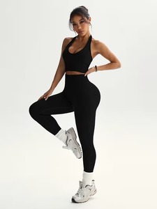High Rise Scrunch Butt Gym Leggings with <b>Open</b> Back Halter Sports <b>Bra</b> Set Womens 2 Pcs Seamless Compression Fitness Yoga Suit - Product Image 2