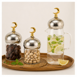 Best Selling Handmade Eco-friendly Glass Storage Jar for <b>Ramadan</b> Table <b>Decoration</b> Modern Design with Minaret Lid and Jug Eid - Product Image 4
