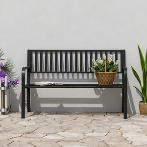 Banc de jardin extérieur résistant aux intempéries, banc de patio en métal avec dossier à lattes et accoudoirs incurvés pour jardin, cour, parc et patio - Product Image 2