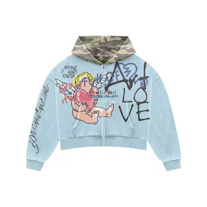 Light Blue Graphic Cropped Zip Hoodie | <b>Camo</b> Hood Oversized Streetwear <b>Jacket</b> | Custom OEM Private Label Manufacturer - Product Image 1