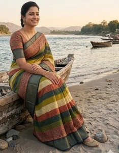 Sari de Seda Kanjivaram Estampado para Mujer KV (Multicolor) Reversible, Sin Arrugas, para Bodas de Otoño - Product Image 2