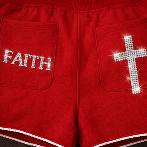 Nouvelle Arrivée Shorts en Coton Rouge pour Hommes, Service OEM, Vente en Gros, Personnalisés avec Motif Jésus, Effet Vieilli, Strass et Délavage Acide, Marque Privée - Product Image 3