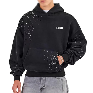 Custom Logo <b>Drop</b> Shoulder Fleece Heavyweight Polyester/Cotton 400g <b>Acid</b> Washed Cropped Regular Fit Sweet Rhinestone Hoodie Men - Product Image 2
