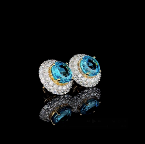 Luxury Round Cut Blue Gemstone & Lab Grown Diamond Halo <b>Stud</b> <b>Earrings</b> in Gold <b>Fine</b> Jewelry - Product Image 4