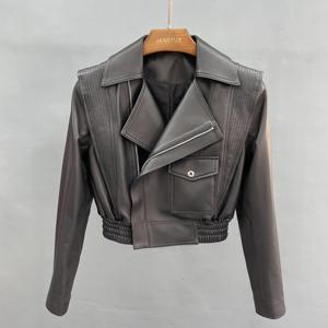 Button Closure <b>Leather</b> <b>Jacket</b> Women Best Selling Latest Style Solid Pattern Autumn Season Wholesale Raw Biker Style Genuine - Product Image 3