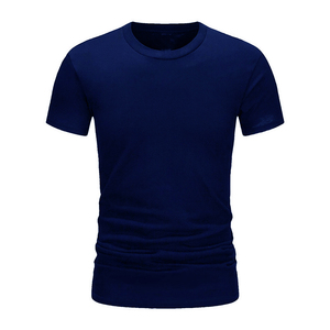 Camiseta de Manga Corta Azul Sólido para Hombre, Cuello Redondo, Corte Regular, Estilo Casual Tejido, Logotipo Frontal, Transpirable - Product Image 4
